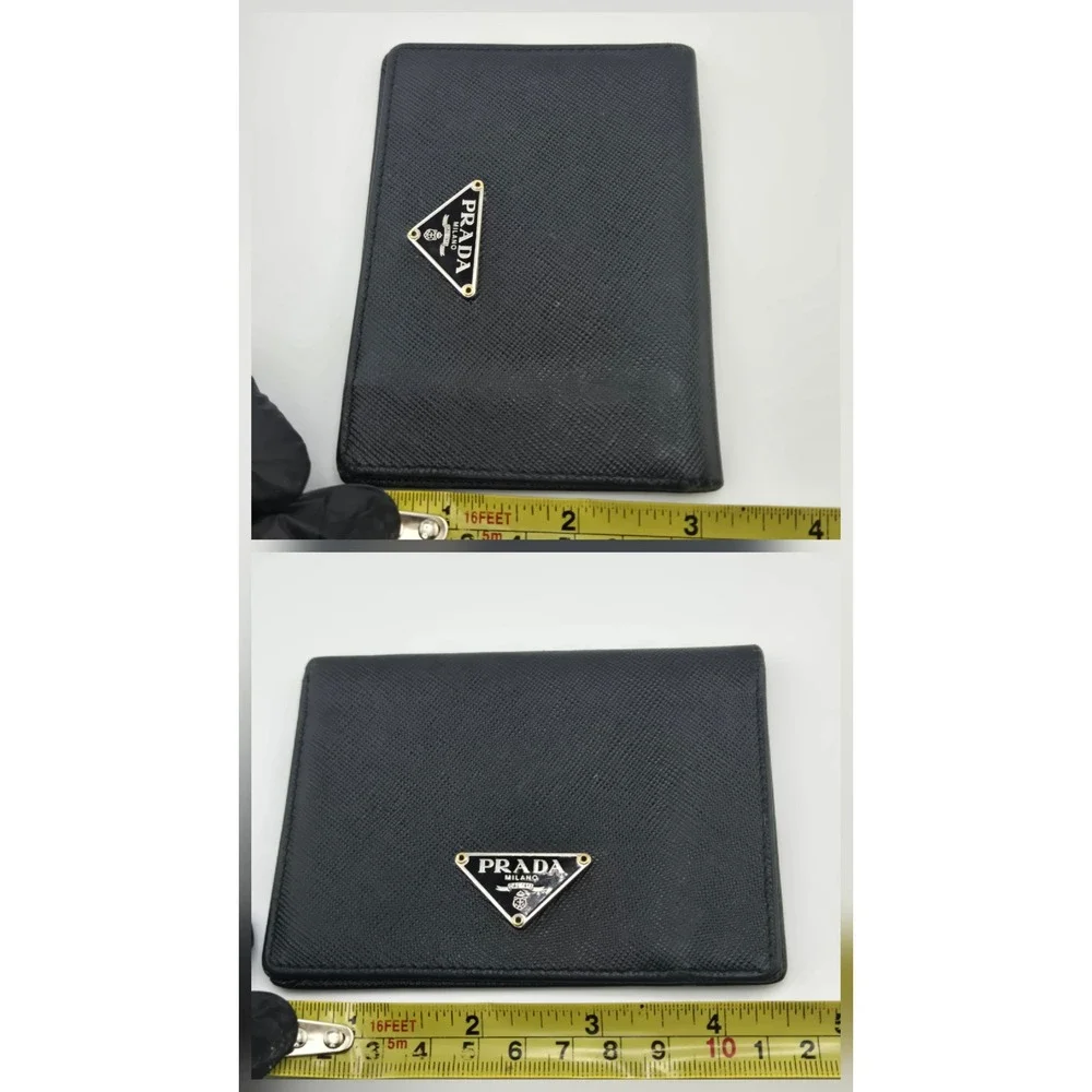 Prada Saffiano Leather Bifold Card Holder Wallet Black Triangle Logo ID Window